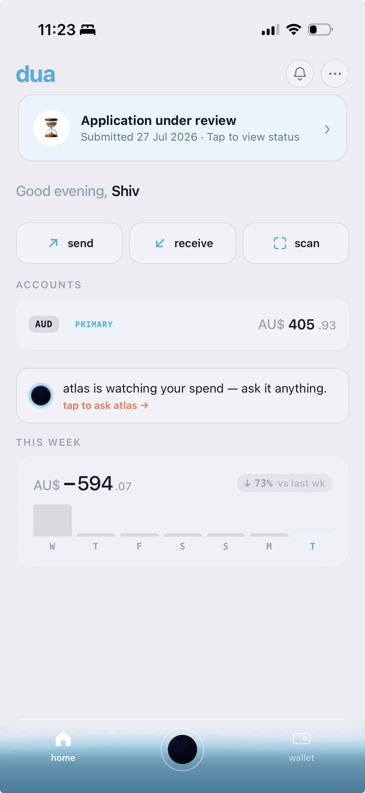 Dua wallet home screen